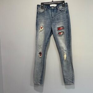 Gypsy Warrior Light Blue Distressed Jeans with Red Plaid